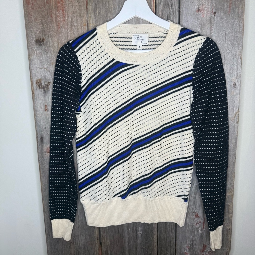 Milly Dakota Retro 100% Merino Wool Black and Cream Striped Sweater Small